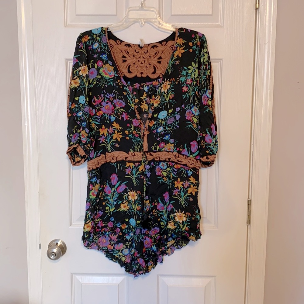 Spell Black Floral Lace-Trim Romper